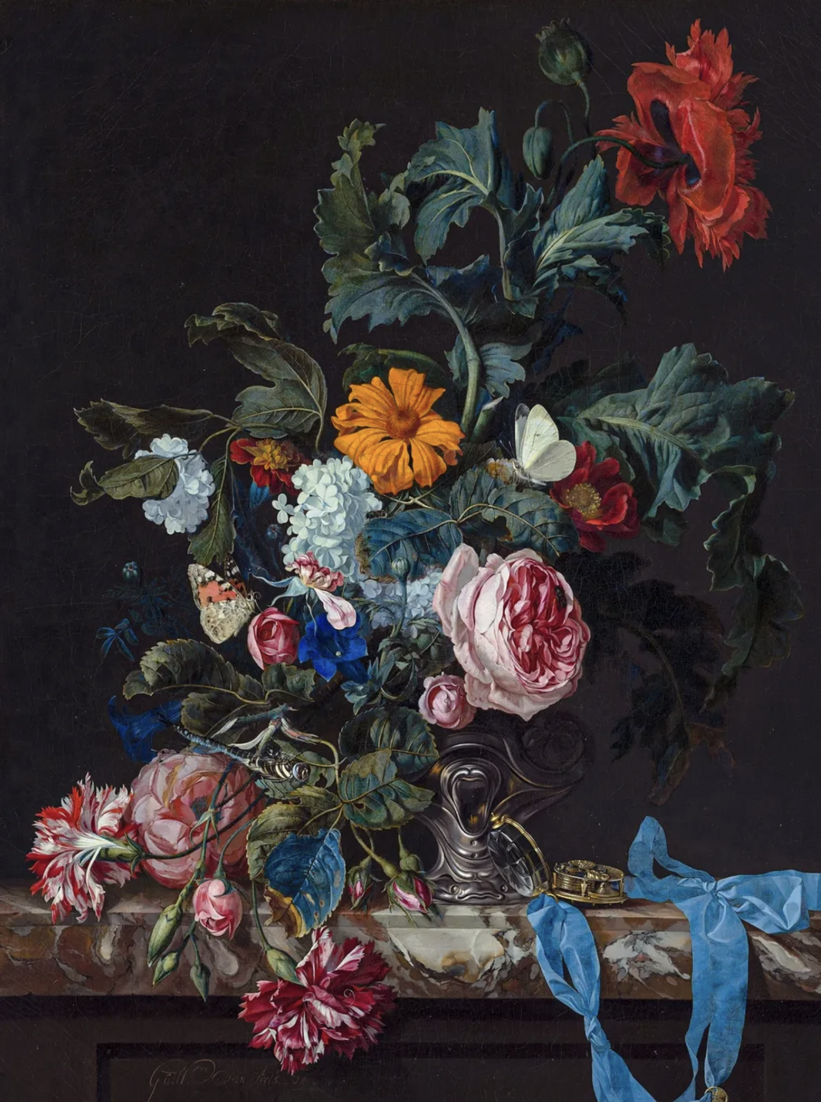 Flower Still Life with a Timepiece - willem van aelst