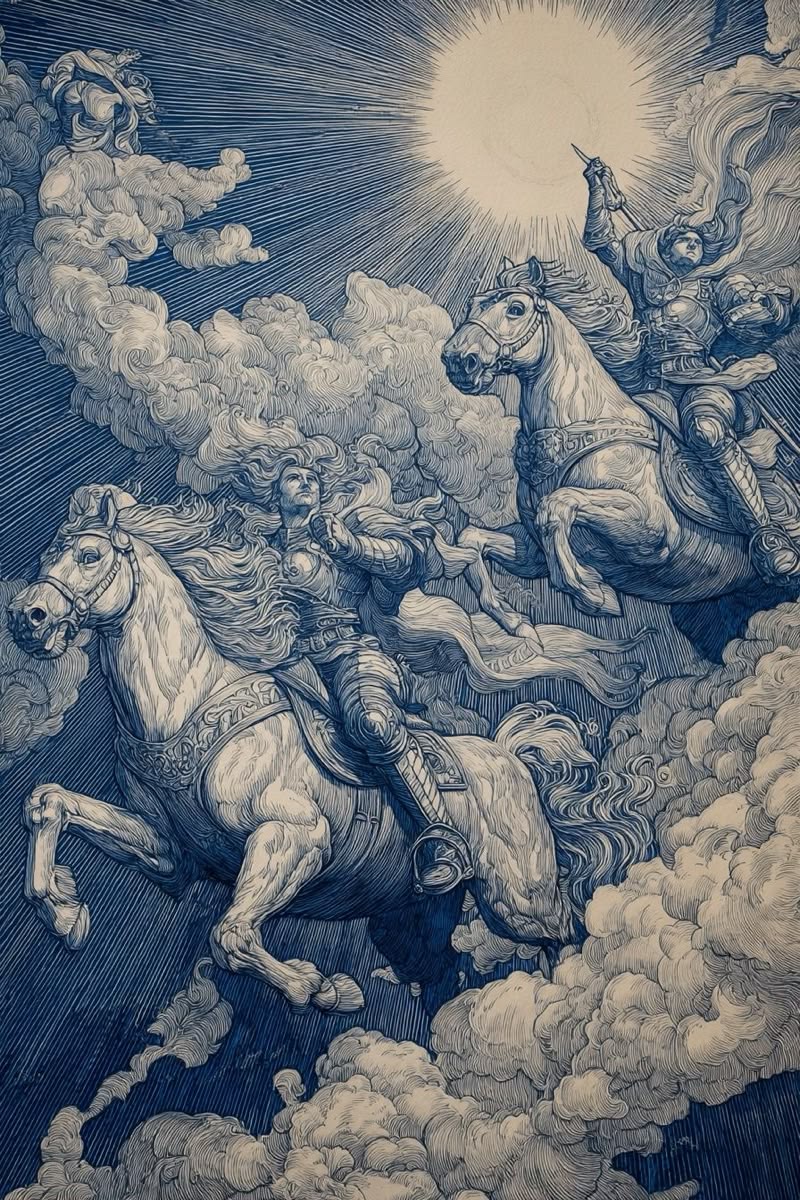 Epic horses on clouds riding into battle